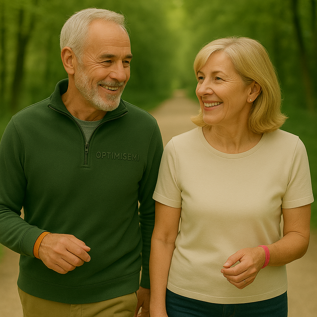 Man and woman walking together in a park, both smiling. The man is wearing a green Optimisemi sweatshirt.