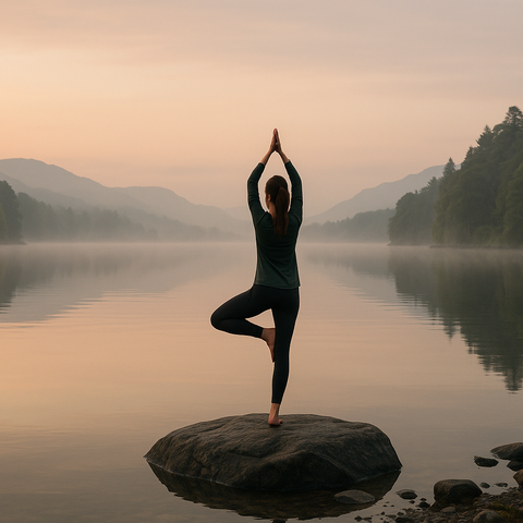 Green stuff collection image showing a lady doing yoga in a zen coastal scene.