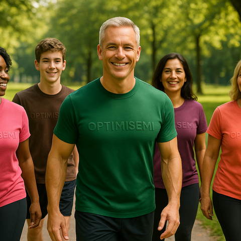 Optimisemi collection. A diverse group of smiling adults walks together in a park, wearing colorful "OPTIMISM" T-shirts, promoting a healthy and positive lifestyle.