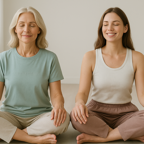 BIO74. Image shows two women sitting cross-legged with eyes closed, smiling peacefully. They appear to be meditating in a calm, indoor setting. A water bottle sits beside them, adding to the relaxed, mindful atmosphere.