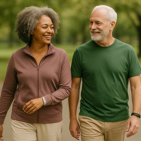 Optimisemi collection. Their daily walks are more than just exercise they reflect the resilience of their bond and the gentle rhythm they've found together through the years.