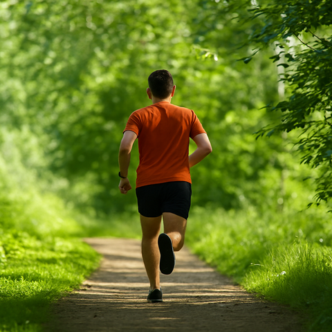 BIO74 collection. A man jogs alone on a forest trail, wearing an orange shirt and black shorts. Surrounded by greenery and sunlight, the scene reflects peace, health, and the refreshing power of nature.