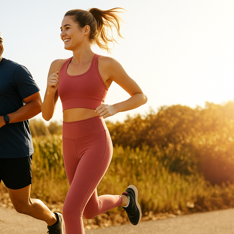 Optimisemi collection. Image shows a man and woman jogging together, smiling as they run in warm sunlight. Dressed in athletic wear, they appear happy and energetic, promoting health, fitness, and companionship.