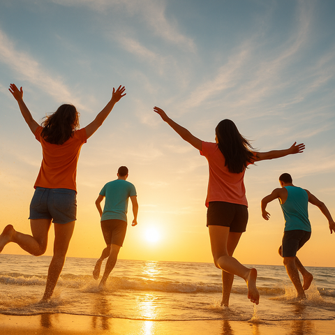 BIO74 collection. A joyful group runs toward the ocean at sunset, expressing freedom. The scene reflects clarity and balance, with warm light and harmonious movement enhancing the peaceful mood.