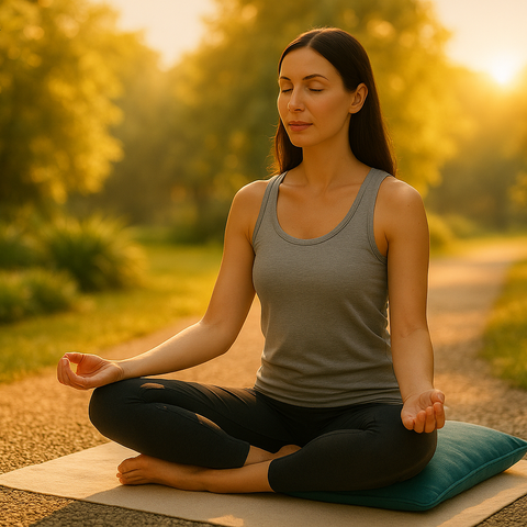 Optimisemi collection. A woman meditates peacefully on a yoga mat in a sunlit park, embracing rest and recovery through stillness, nature, and mindful breathing in calm surroundings.