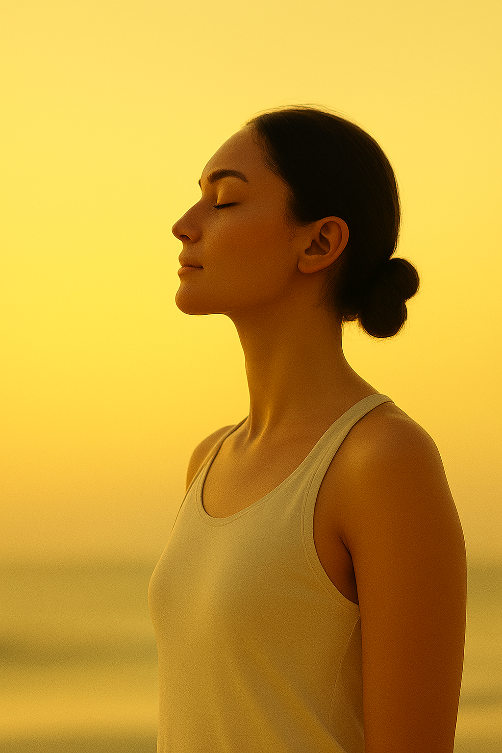 A girl in profile with closed eyes and a low bun supported by the BIO74 ADRENAL supplement is shown against a warm yellow background, creating a calm, minimalistic mood.
