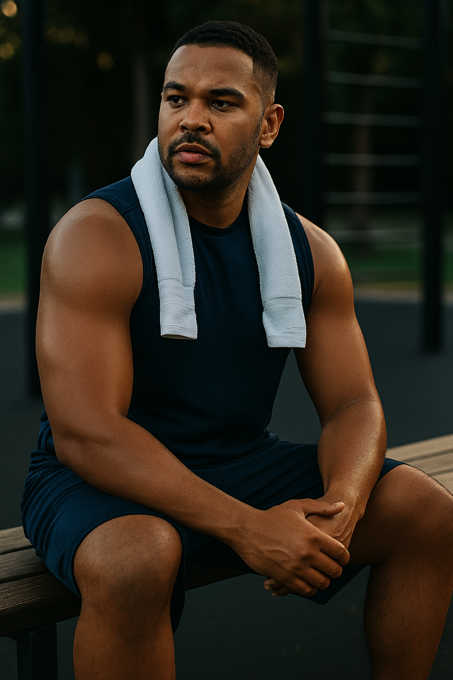 A man in a gym setting wearing navy blue, reflecting the colour of the BIO74 Muscle supplement box. The image suggests that the supplement supports strength, physical consistency, and balanced movement during workouts.
