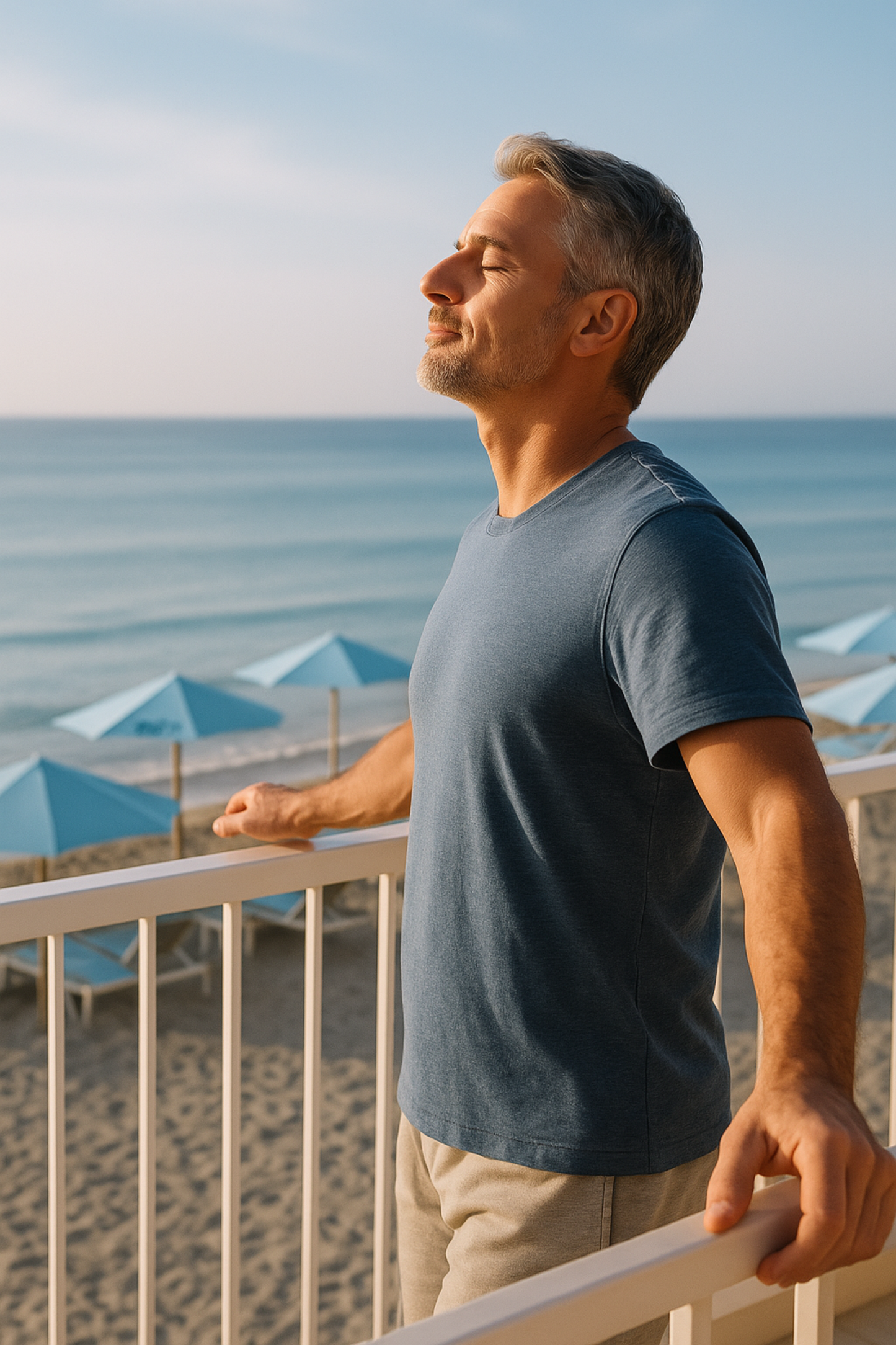 A man at the beach breathing in the fresh air, wearing a blue outfit that reflects the colour of the BIO74 Thymus supplement box. The image suggests the supplement supports systemic balance and physical resilience, aligning with a healthy, active lifestyle.