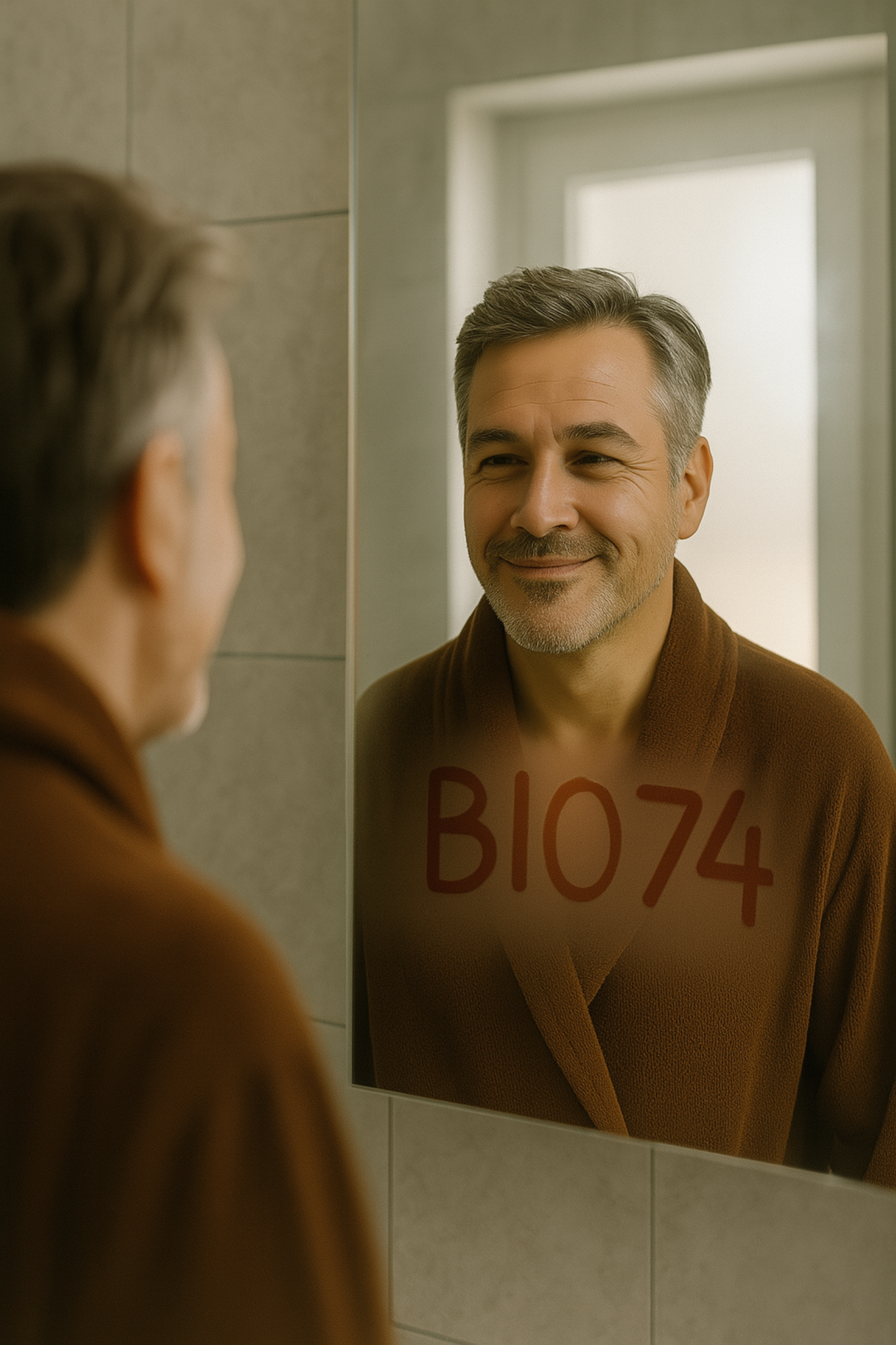 A middle-aged man in a brown robe smiles at his reflection in a foggy bathroom mirror with 