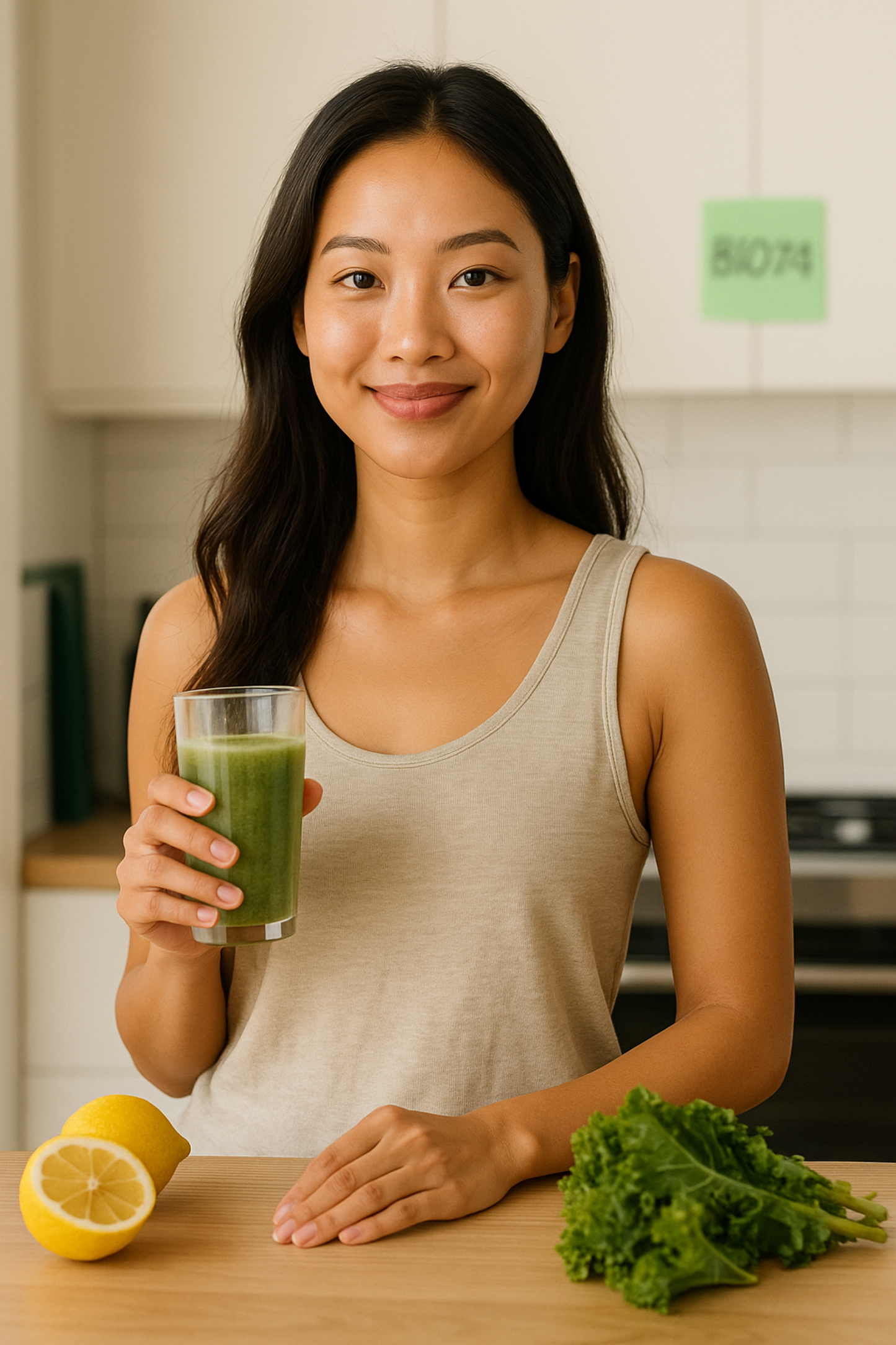 A woman holding a green smoothie in a home setting, suggesting a healthy lifestyle supported by the BIO74 Stomach supplement, which helps promote nutritional balance and support the body's natural detox processes.