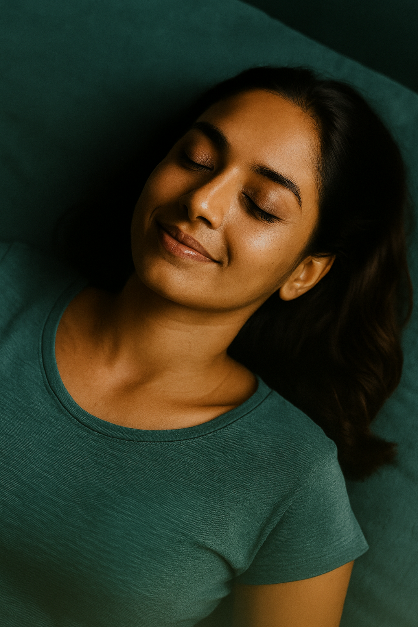 A woman in a calm, restful setting, her surroundings reflect the teal color of the BIO74 Pineal supplement box. The image suggests the supplement supports calm, balance, and a restorative daily rhythm.