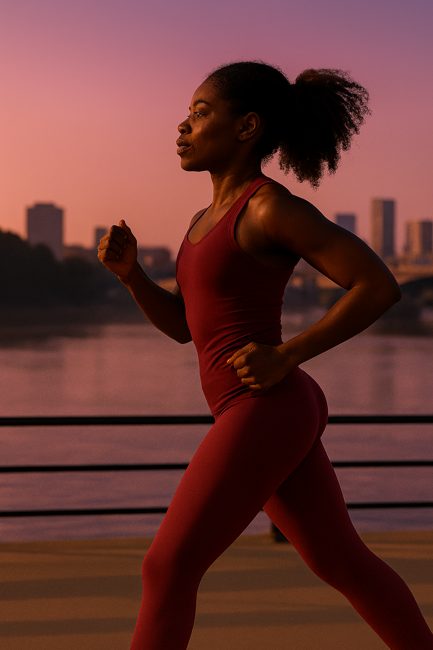 A woman jogging outdoors, wearing purple to reflect the colour of the BIO74 Heart supplement box. The image suggests the supplement supports movement, rhythm, and circulatory wellbeing.