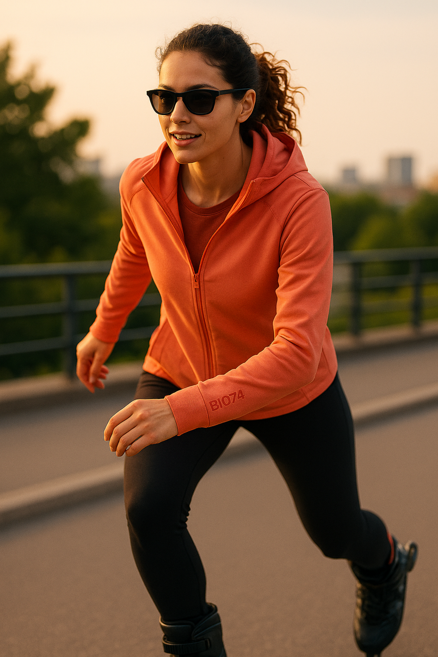A woman running outdoors, wearing orange to reflect the colour of the BIO74 Cartilage supplement box. The image suggests the supplement supports movement and physical resilience.