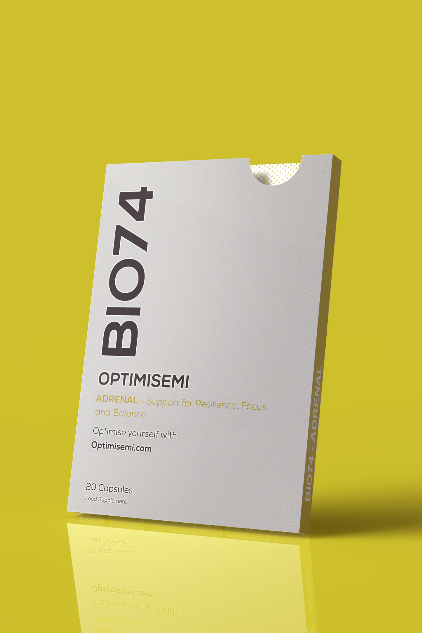 Angled view of the BIO74 ADRENAL supplement box. The packaging suggests a wellness product designed with clinical precision to support resilience, focus, and balance. Contains 20 supplement capsules.