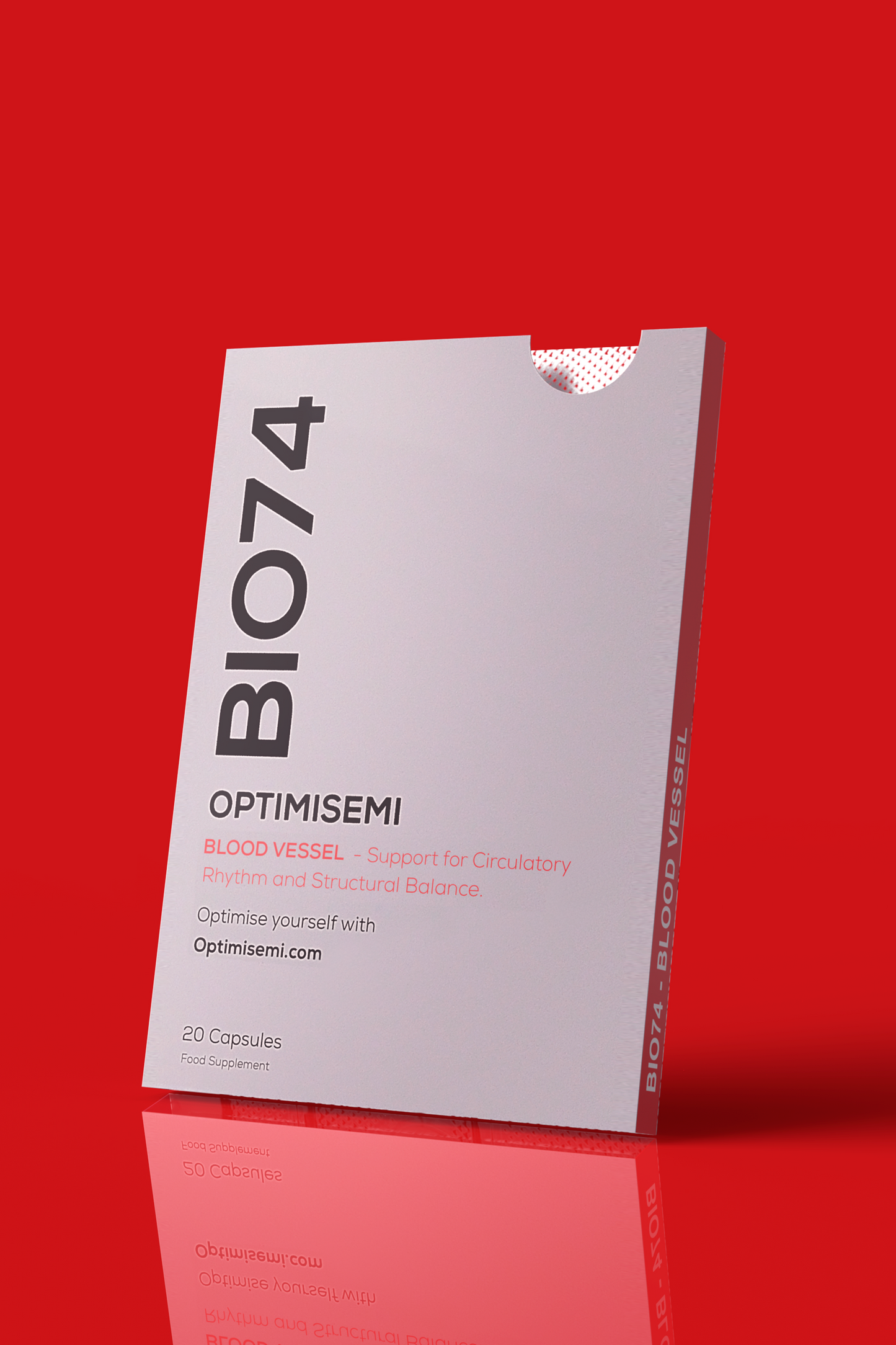 Angled view of the BIO74 BLOOD VESSEL supplement box. The packaging suggests a daily-use wellness product designed with clinical precision to support circulatory, rhythm and structural balance. Contains 20 supplement capsules.