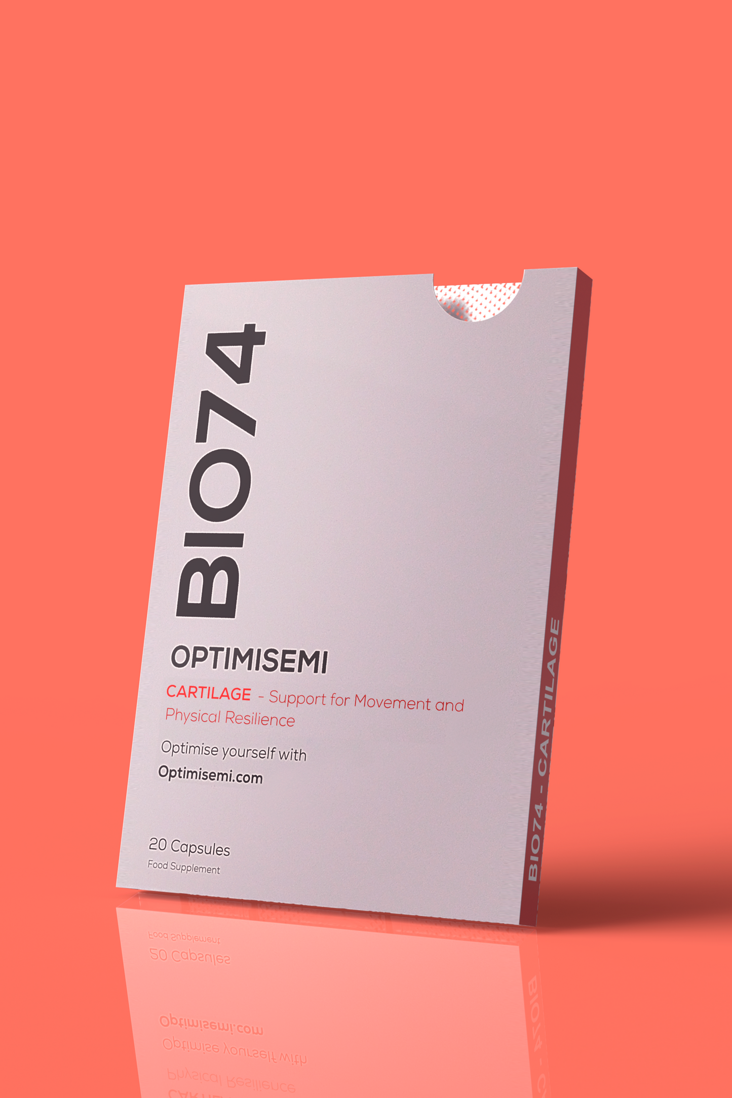  Angled view of the BIO74 CARTILAGE supplement box. The packaging suggests a daily-use wellness product designed with clinical precision to support movement and physical resilience. Contains 20 supplement capsules.