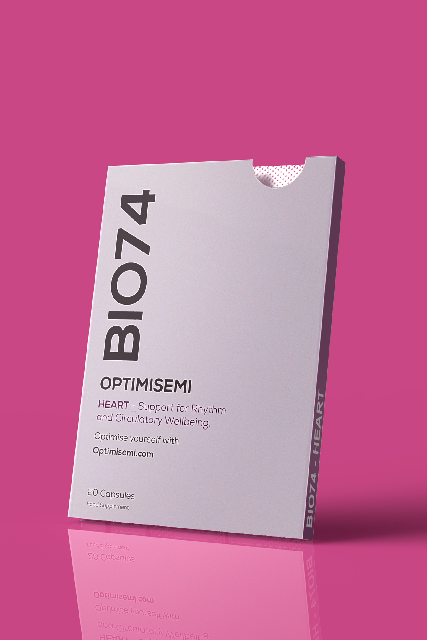 Angled view of the BIO74 HEART supplement box. The packaging suggests a daily-use wellness product designed with clinical precision to support rhythm and circulatory wellbeing. Contains 20 supplement capsules.
