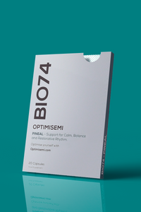 Angled view of the BIO74 PINEAL supplement box. The packaging suggests a daily-use wellness product designed with clinical precision to Support for calm, balance and restorative rhythm. Contains 20 supplement capsules.