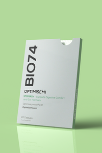 Angled view of the BIO74 STOMACH supplement box. The packaging suggests a daily-use wellness product designed with clinical precision to Supports Digestive Comfort and Gut Harmony. Contains 20 supplement capsules.