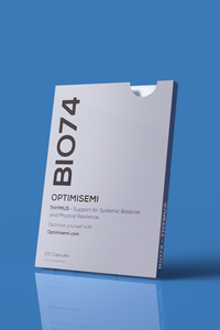 Angled view of the BIO74 THYMUS supplement box. The packaging suggests a daily-use wellness product designed with clinical precision to Support for Systemic Balance and Physical Resilience. Contains 20 supplement capsules. Supplement.