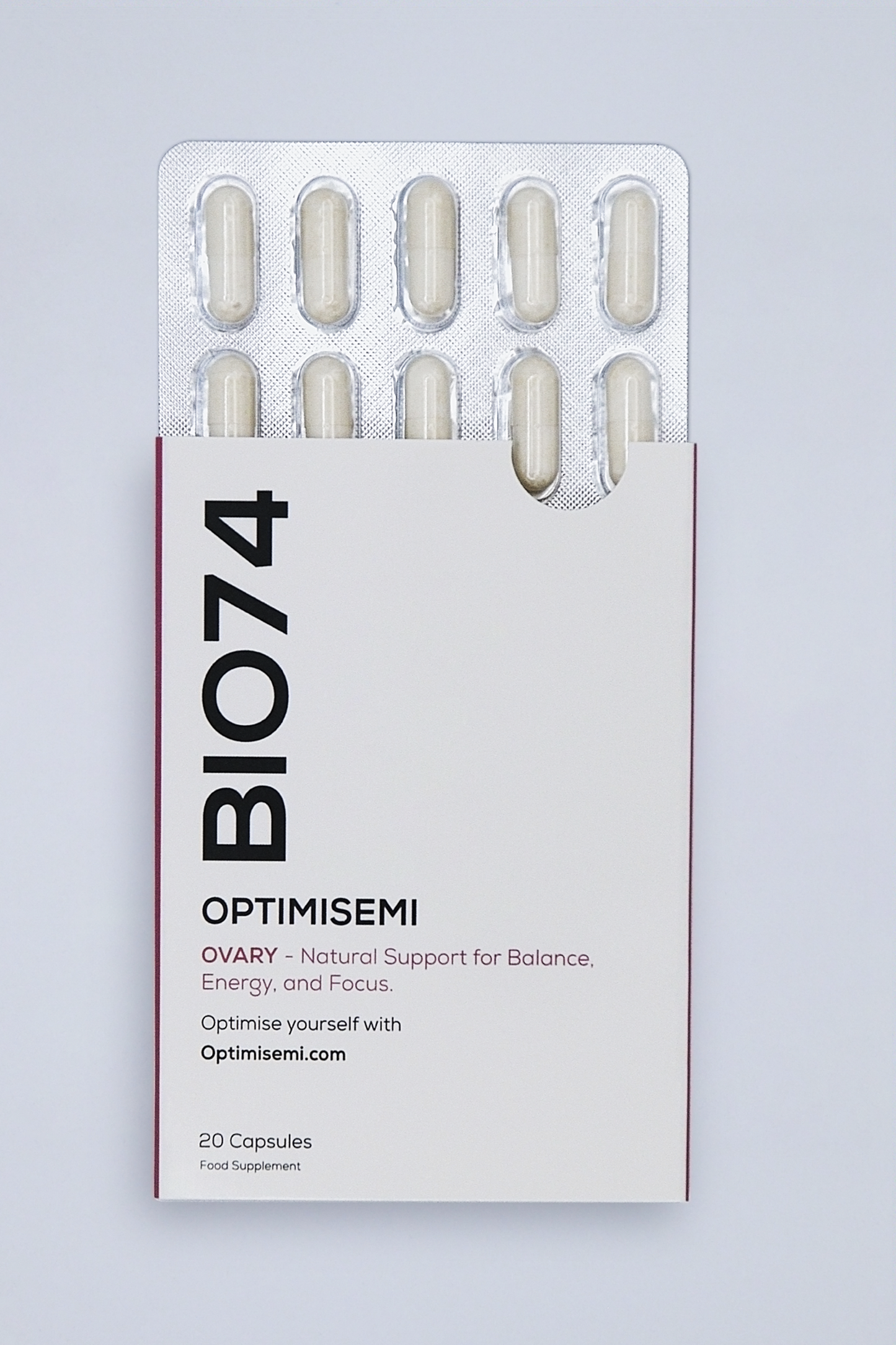 BIO74’s OPTIMISEMI supplement comes in a modern, elegant box holding 20 capsules designed to naturally support ovarian balance, energy levels, and mental clarity a clean, science-driven solution for women seeking daily hormonal harmony.