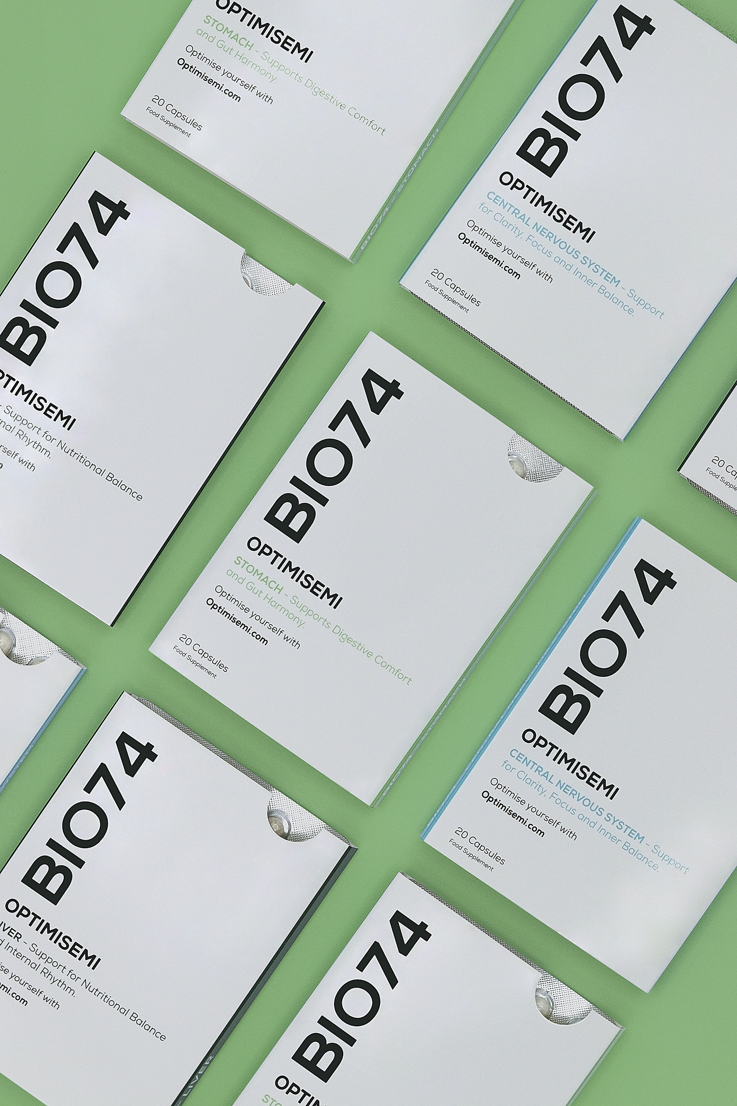 BIO74 product packaging on a green background. showing the BIO74 Stomach, BIO74 Liver and BIO74 central nervous system supplements