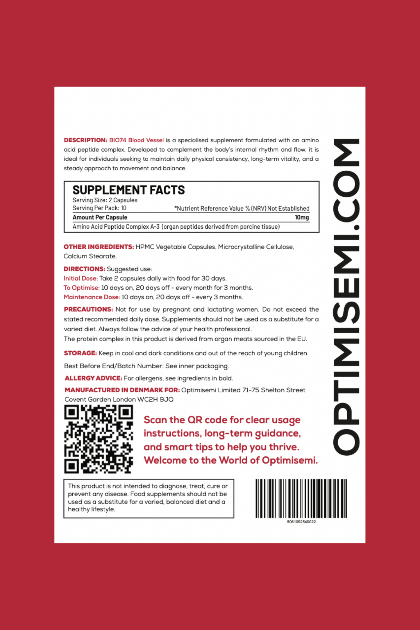 Back of the Optimisemi Bio74 Blood Vessel food supplement box, featuring bold black and red text on a white background with a red border. The label reads: BLOOD VESSEL - Support for Circulatory Rhythm and Structural Balance. 20 Capsules. Food Supplement.