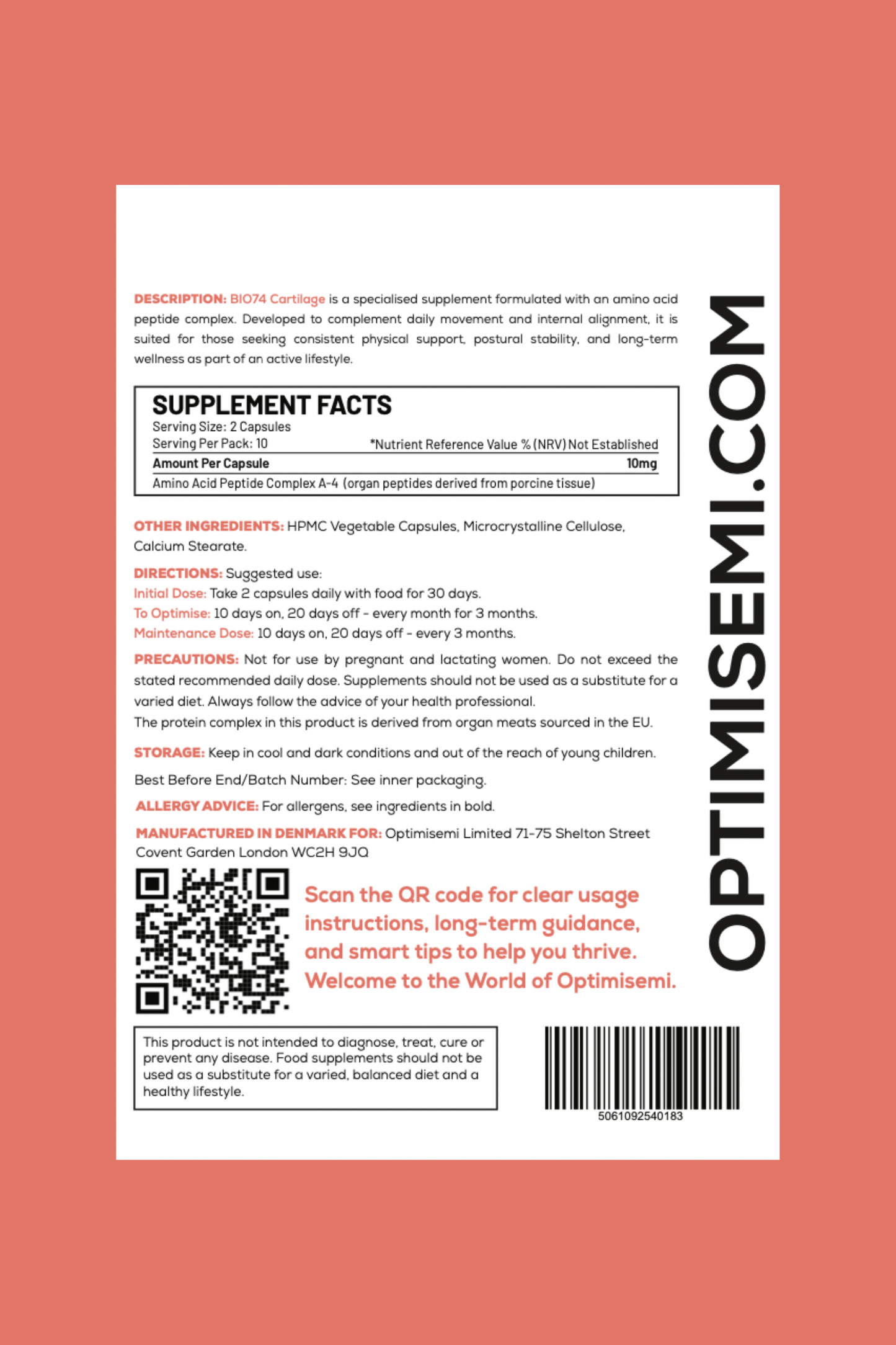 Back of the Optimisemi BIO74 Cartilage food supplement box, featuring bold black and orange text on a white background with a orange border. The label reads: CARTILAGE - Support for Movement and Physical Resilience. Contains 20 supplement capsules. 