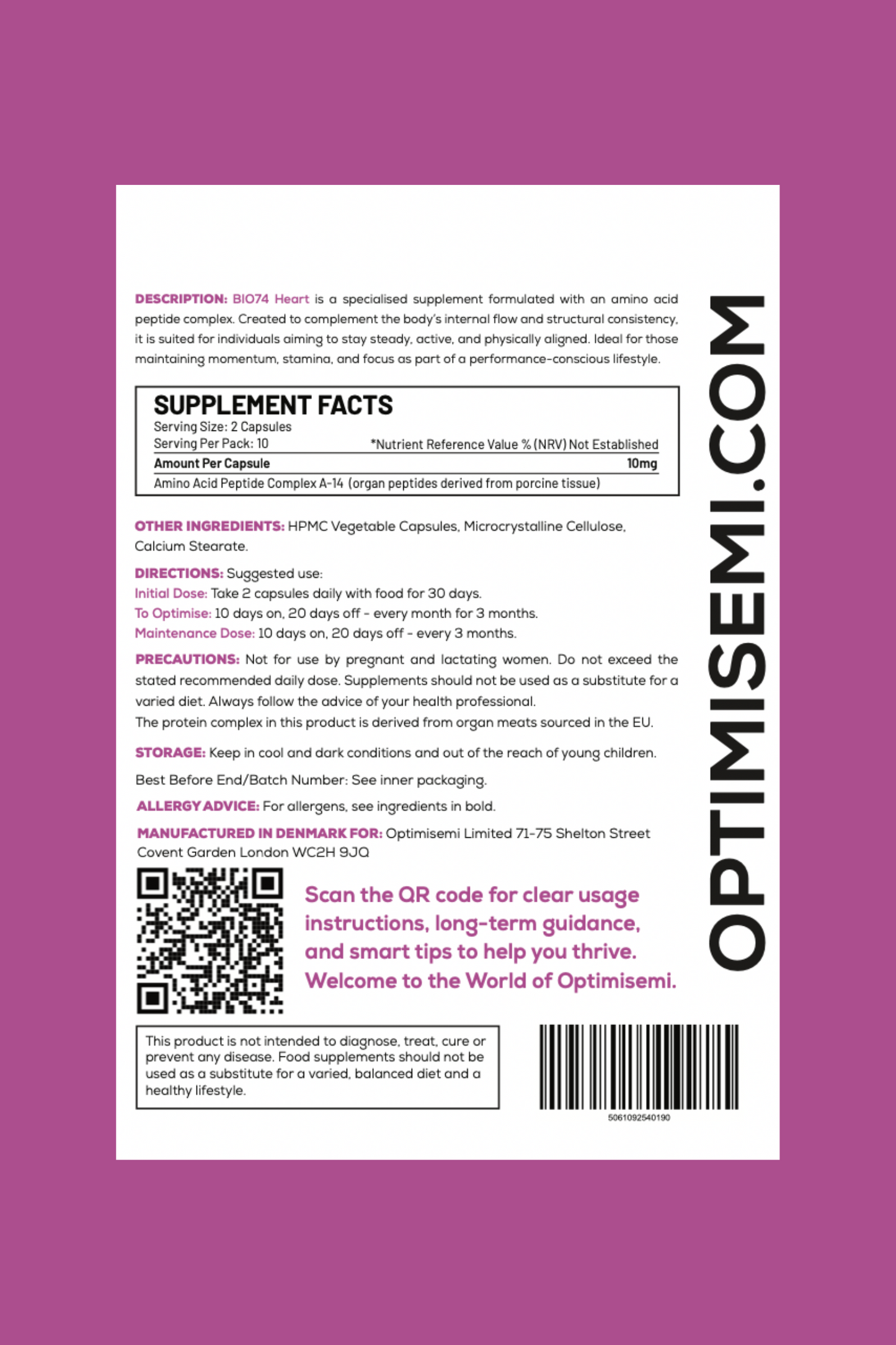 Back of the Optimisemi BIO74 Heart food supplement box, featuring bold black and purple text on a white background with a purple border. The label reads: HEART - Support for Movement and Rhythm and Circulatory Wellbeing. Contains 20 supplement capsules.