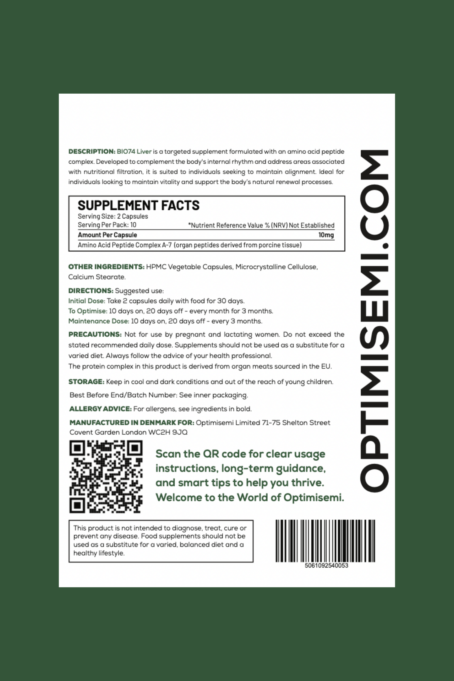 Back of the Optimisemi BIO74 Liver food supplement box, featuring bold black and dark green text on a white background with a dark green border. The label reads: LIVER - Support for Nutritional Balance and Internal Rhythm. 20 Capsules. Food Supplement.