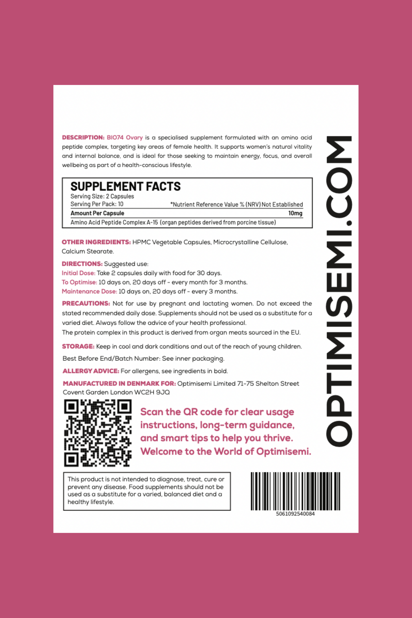 Back of the Optimisemi Bio74 Ovary food supplement box, featuring bold black and pink text on a white background with a pink border. The label reads: OVARY - Natural Support for Balance Energy, and Focus. 20 Capsules. Food Supplement.