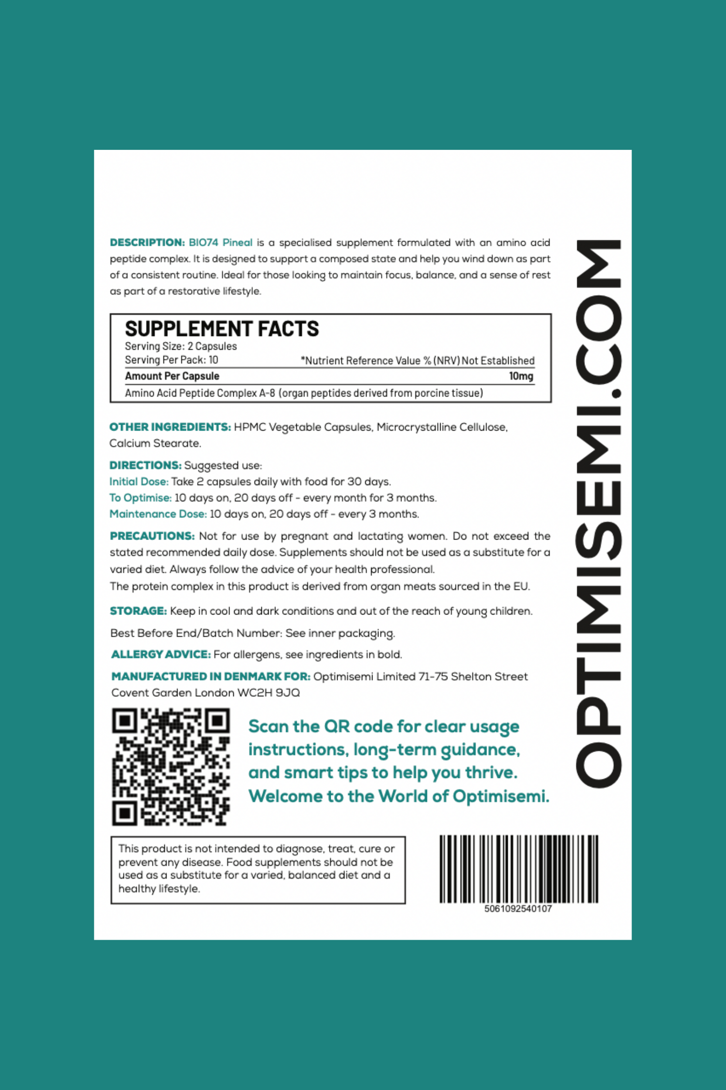 Back of the Optimisemi BIO74 Pineal food supplement box, featuring bold black and teal text on a white background with a teal border. The label reads: PINEL - Support for Calm, Balance and Restorative Rhythm. 20 Capsules. Food Supplement.