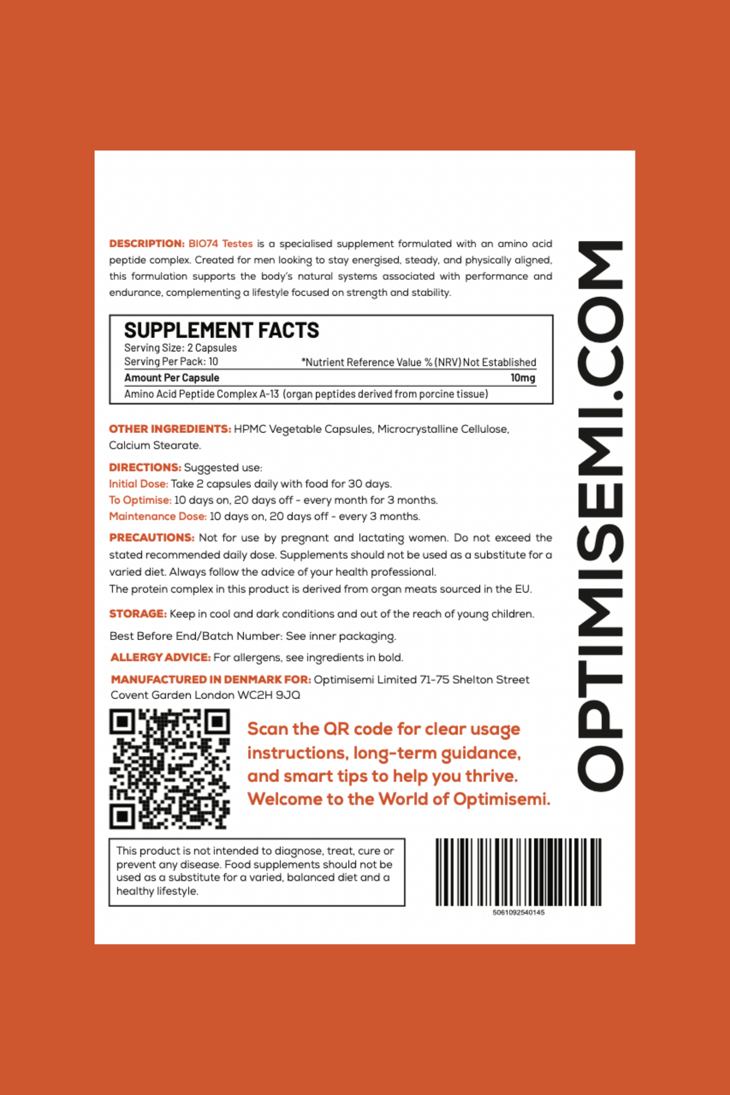 Back of the Optimisemi BIO74 Testes food supplement box, featuring bold black and orange text on a white background with a orange border. The label reads: TESTES - Natural Support for Strength, Endurance and Vitality. Contains 20 supplement capsules. Supplement.
