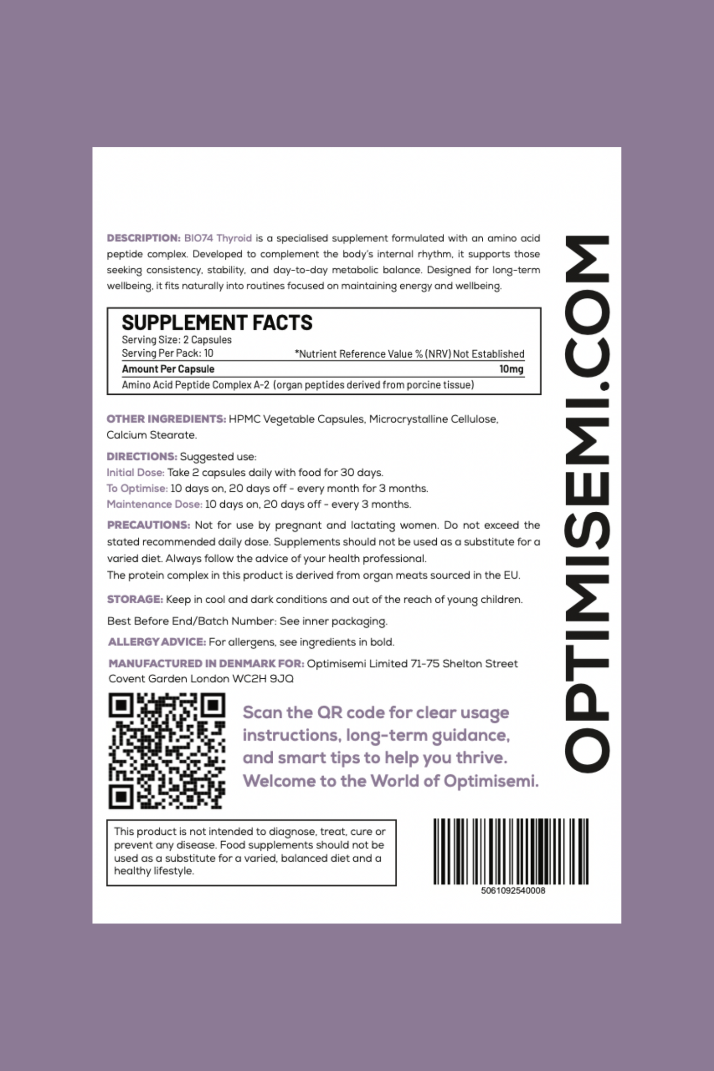 Back of the Optimisemi BIO74 Thyroid food supplement box, featuring bold black and purple text on a white background with a purple border. The label reads: THYROID - Natural Support for Metabolic Balance. Contains 20 supplement capsules. Supplement.