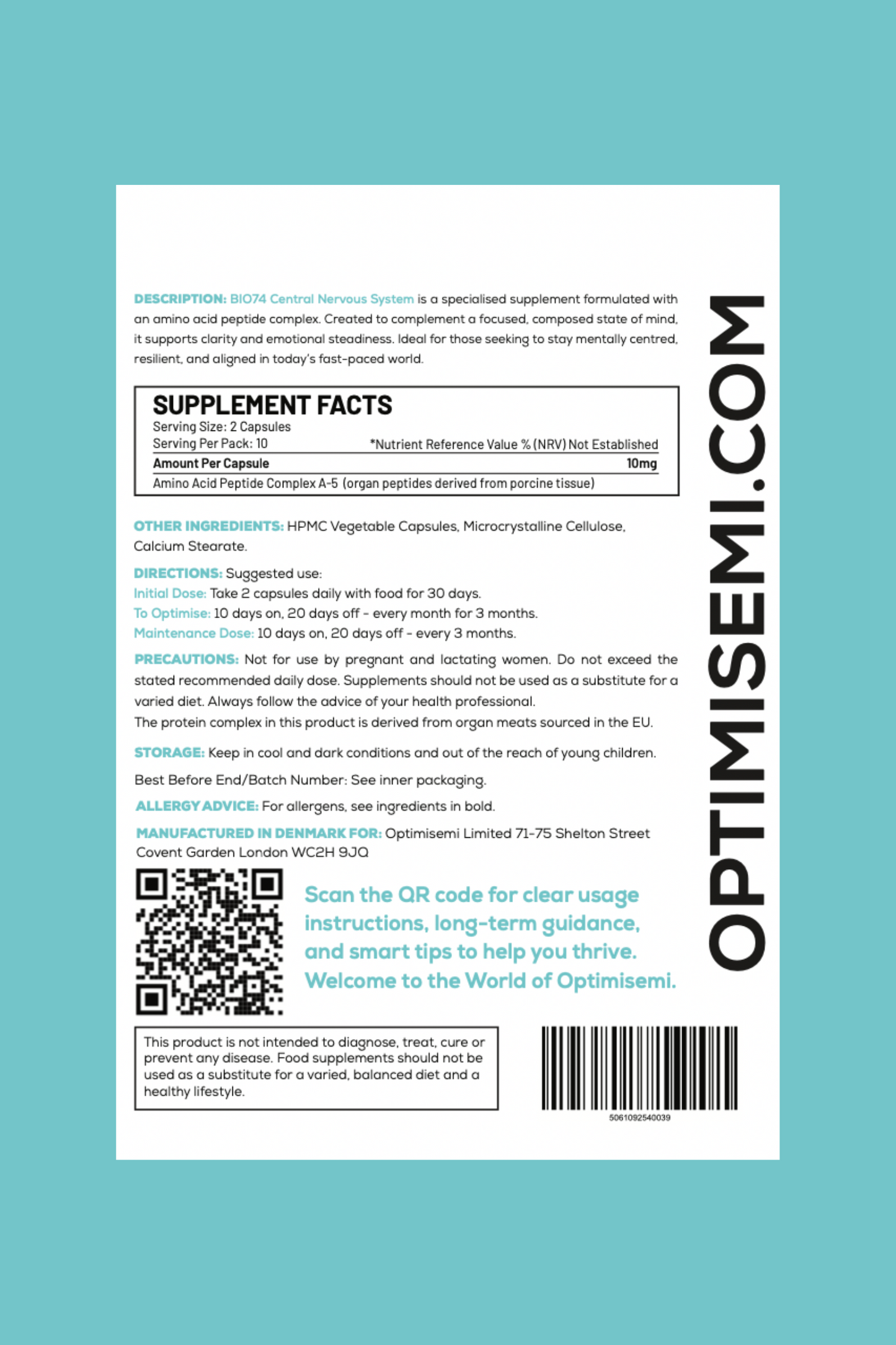 Back of the Optimisemi Bio74 Central Nervous System food supplement box, featuring bold black and light blue text on a white background with a light blue border. The label reads: CENTRAL NERVOUS SYSTEM - Support for Clarity, Focus and Inner Balance. 20 Capsules. Food Supplement.