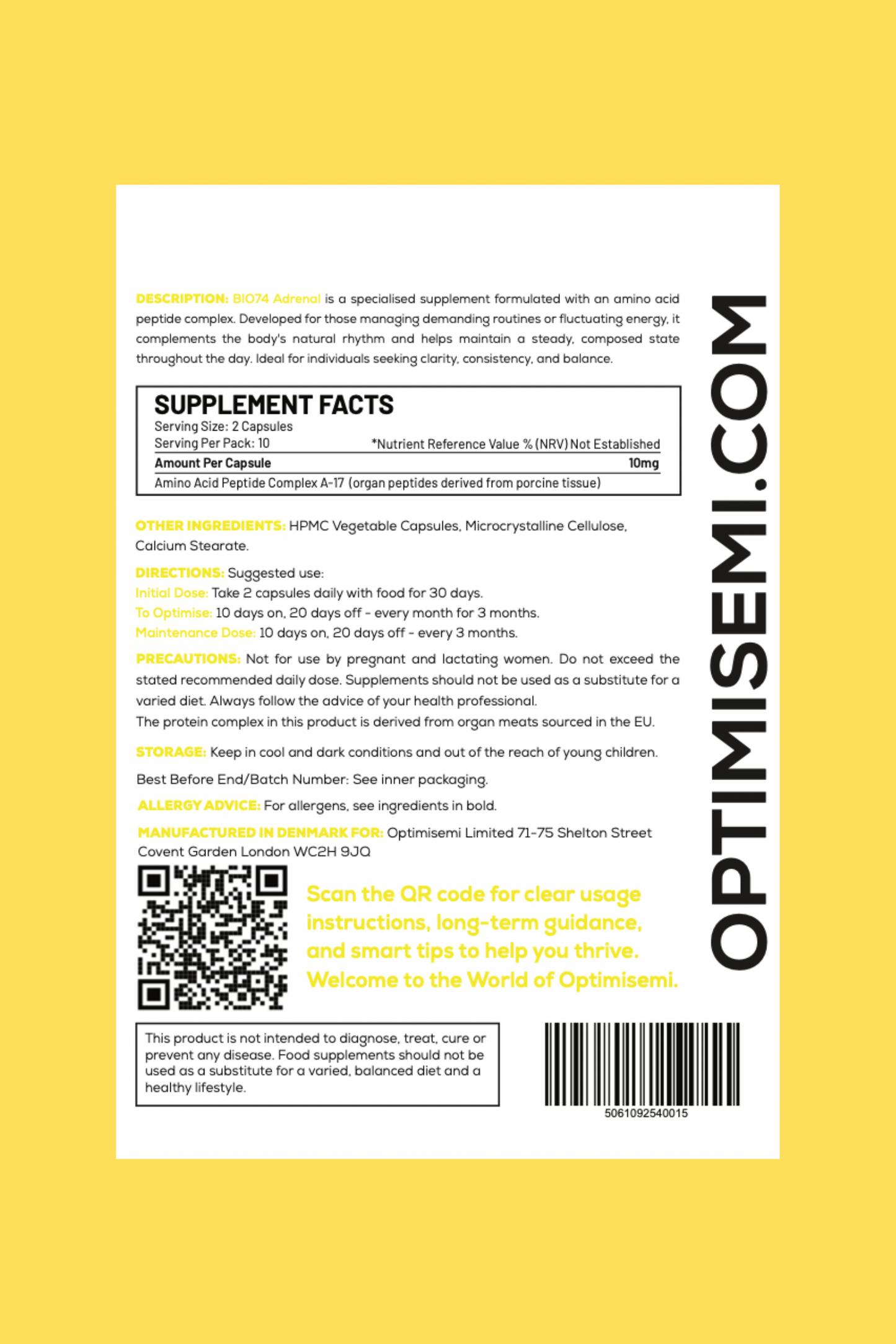 Back of the Optimisemi Bio74 Adrenal food supplement box, featuring bold black and yellow text on a white background with a yellow border. The label reads: ADRENAL - Support for Resilience, Focus and Balance. 20 Capsules. Food Supplement.