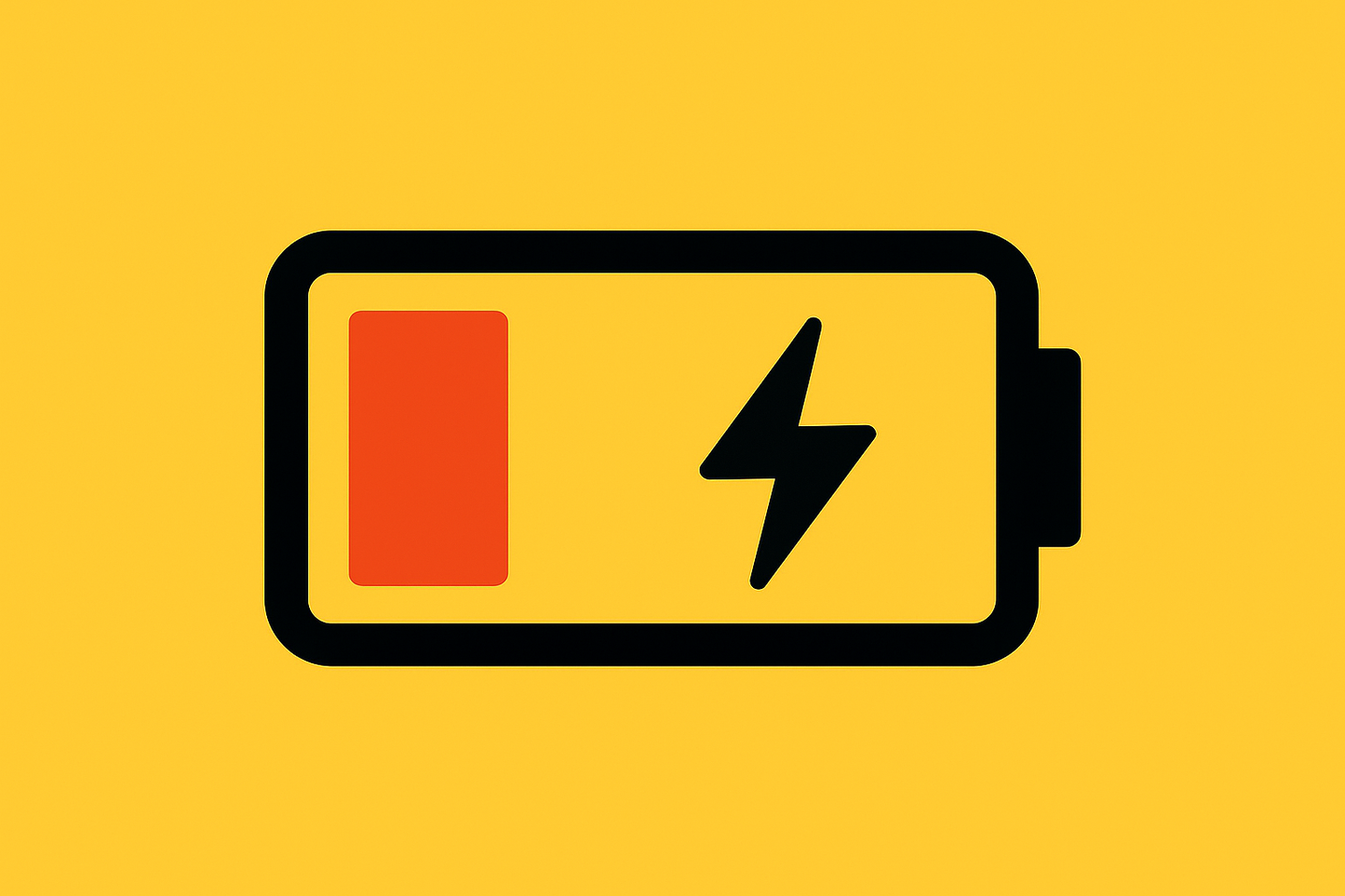 Battery icon with a red bar and black lightning bolt on a yellow background