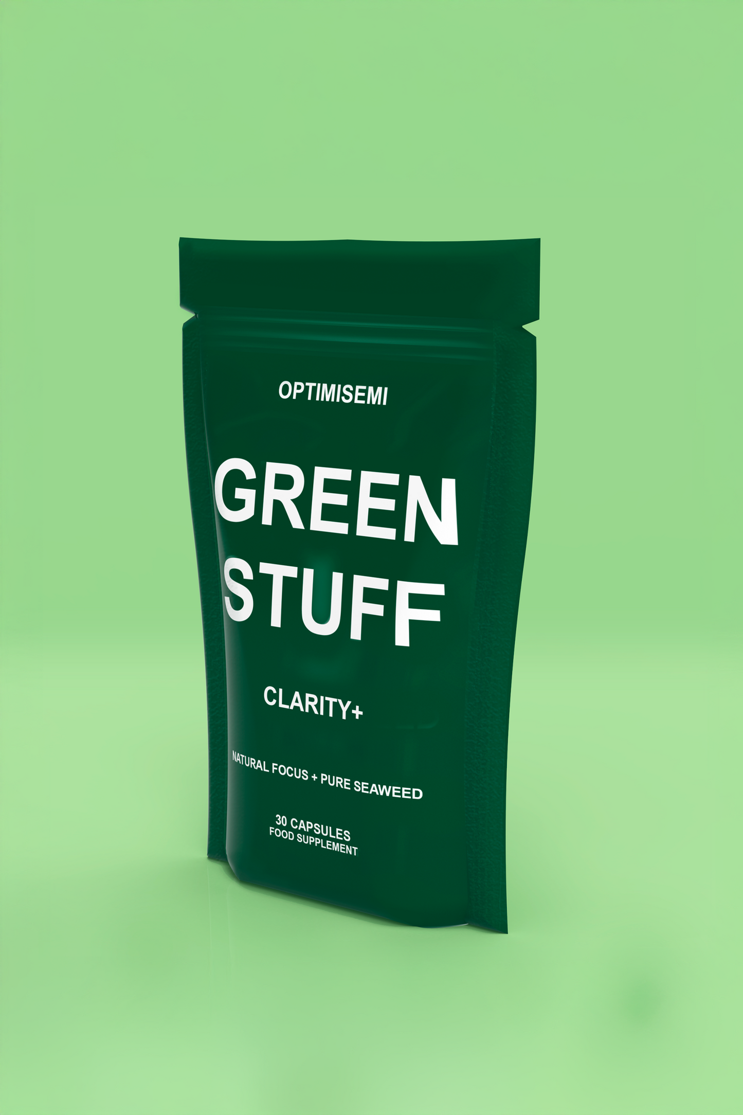 Green supplement package labeled 'Green Stuff' on a green background