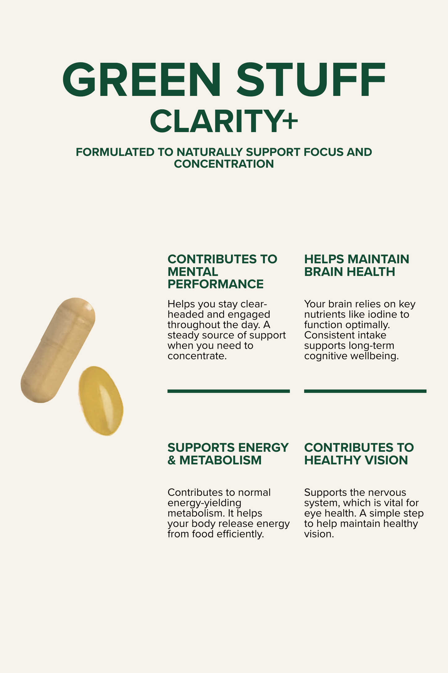 Vitamins with text about Green Stuff Clarity+ supporting focus, concentration, mental performance, brain health, energy, metabolism, and vision.