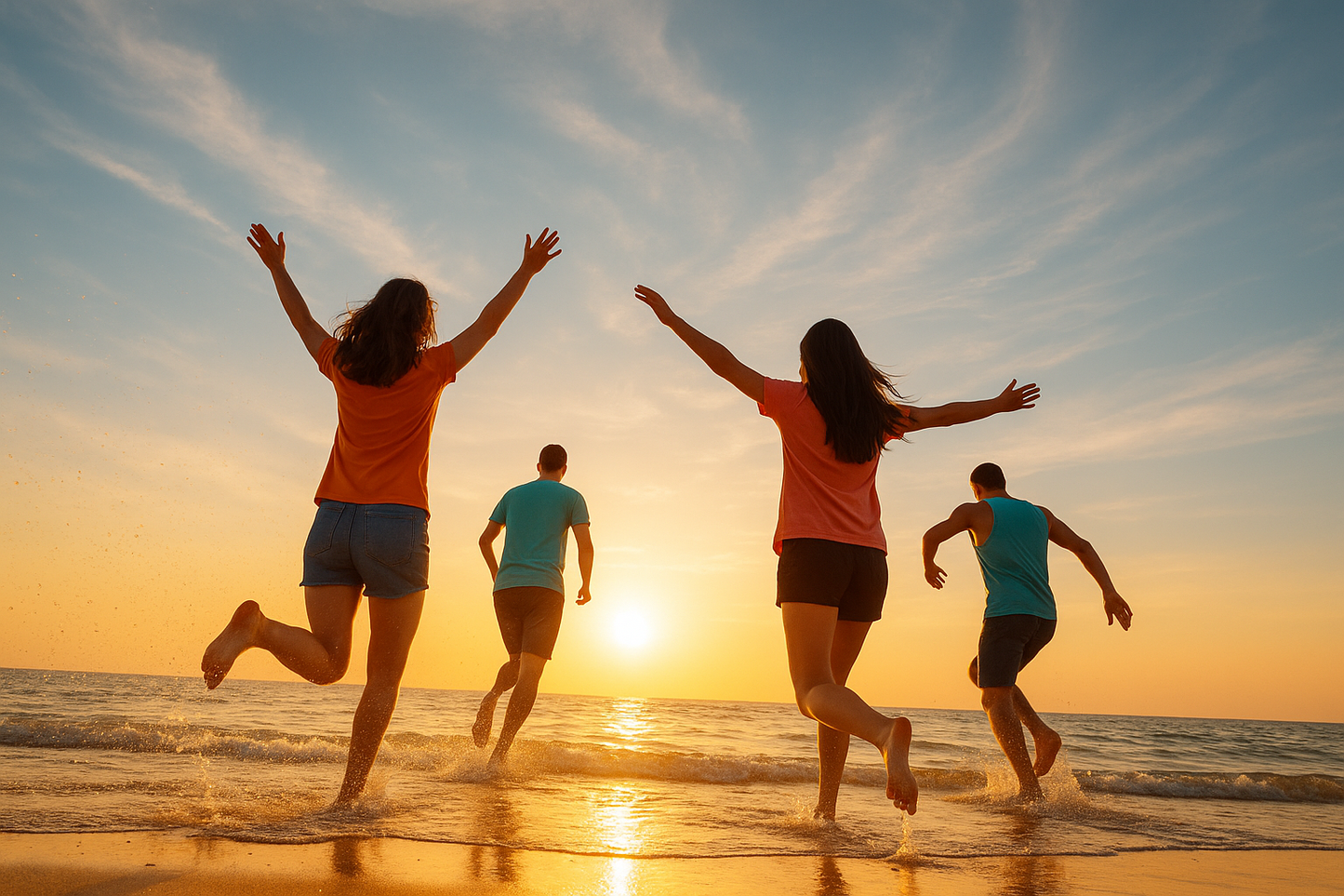 Four people running on a beach at sunset with arms outstretched, wearing bright coloured t shirts promoting the clarity and balance optimisemi collection.