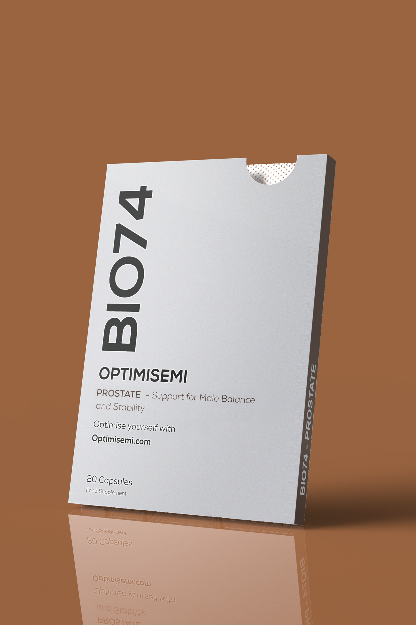 Optimisemi Bio74 Prostate food supplement box, featuring bold black and brown text on a white background with a brown border. The label reads: PROSTATE - Support for Male Balance and Stability. 20 Capsules. Food Supplement.