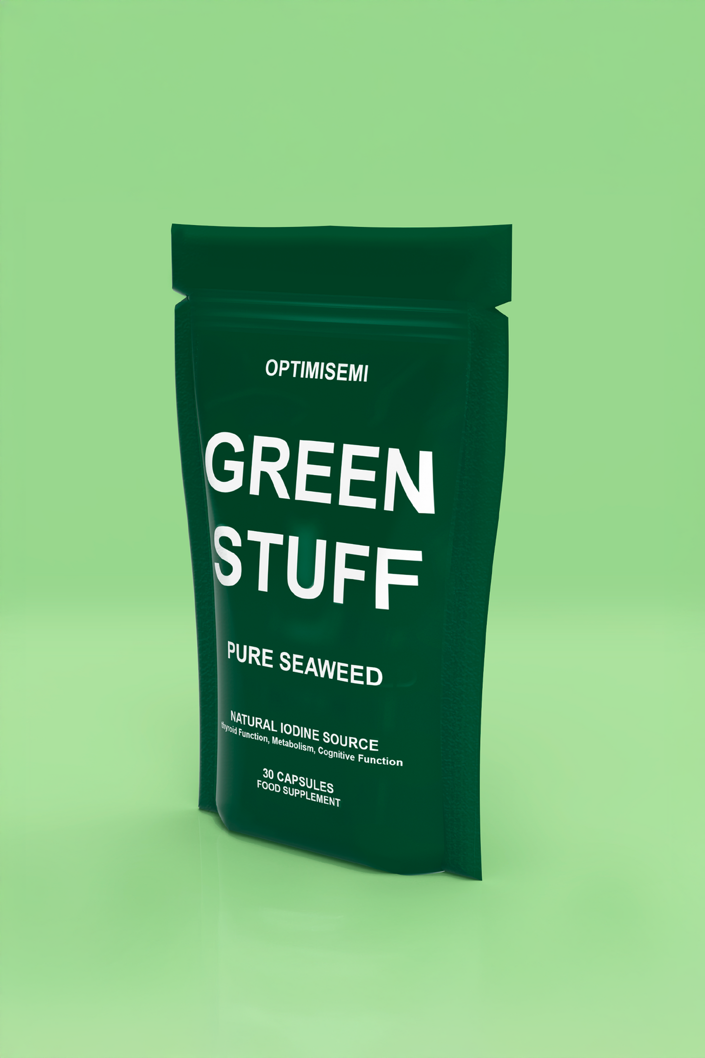 Green package of 'Green Stuff' pure seaweed on a green background