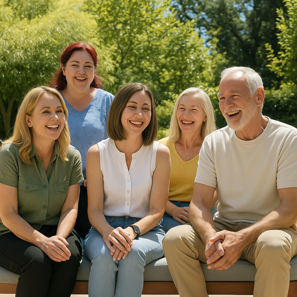 Group of five people sitting together outdoors with trees in the background all looking happy and smiling and laughing