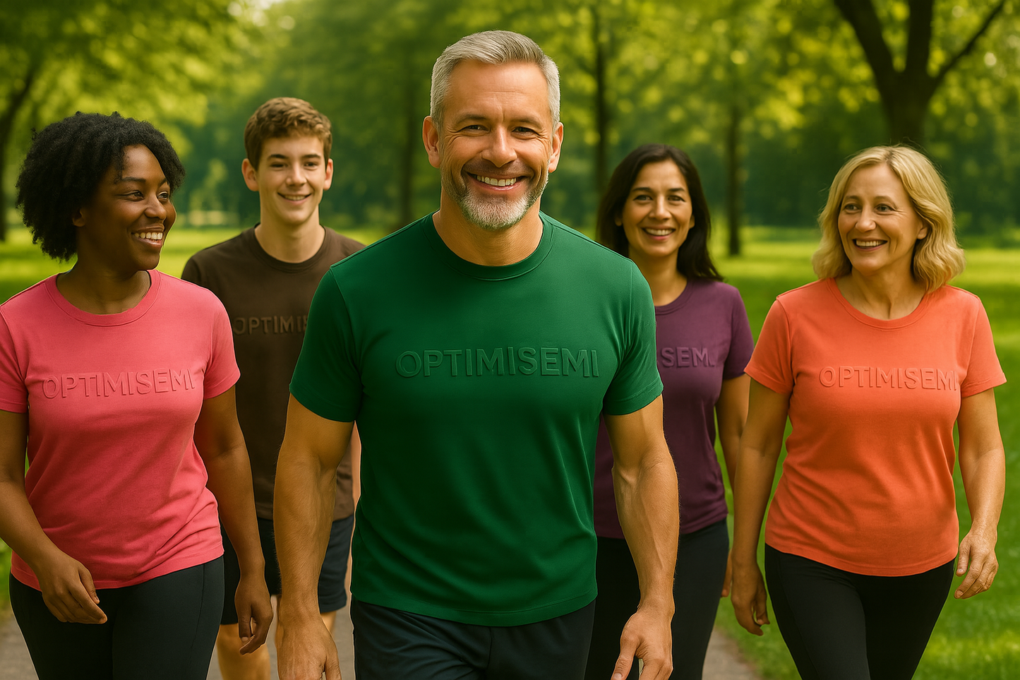 Group of people wearing OptimiseMi shirts in a park promoting the shop all optimisemi collection