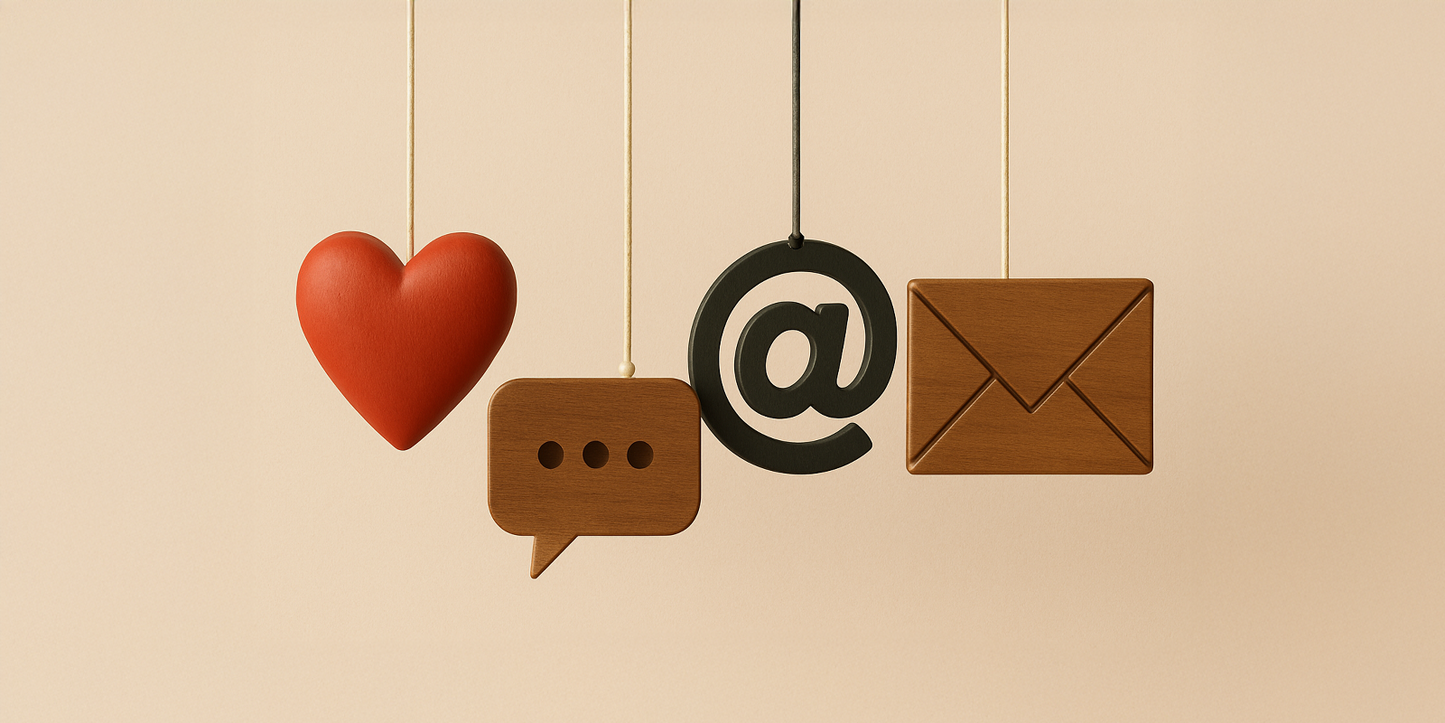 Decorative icons of a heart, speech bubble, at symbol, and envelope on a beige background
