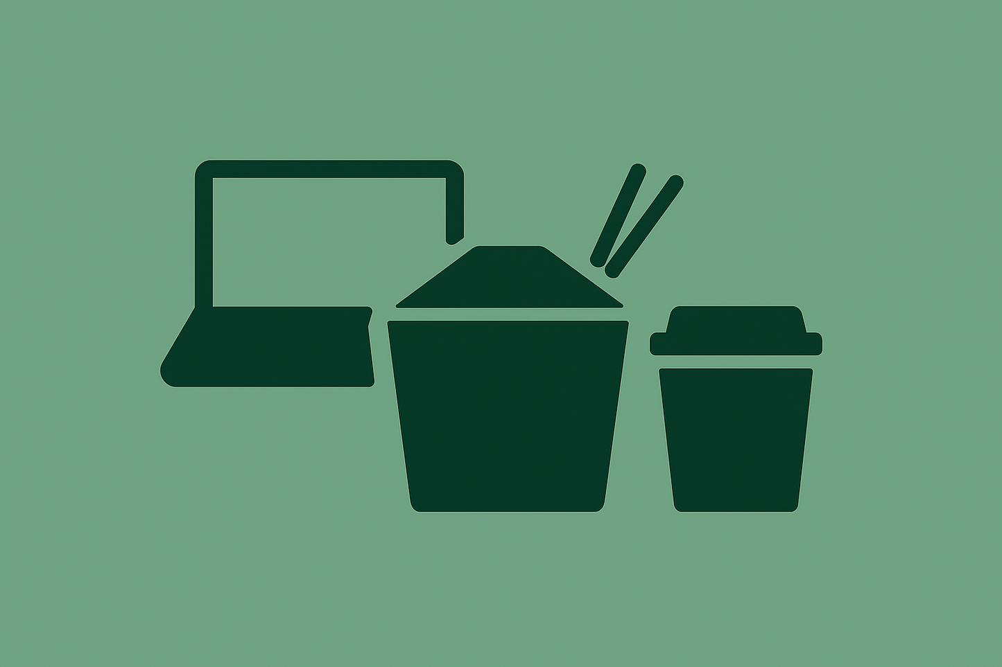 Icon of a laptop, box, and cup on a green background