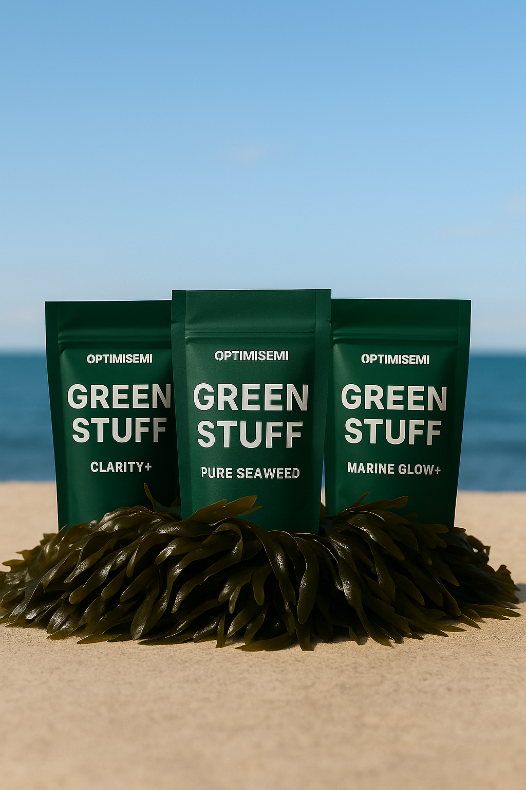 Image of the 3 green stuff pouches on the beach with seaweed. The image features the Pure Seaweed, Clarity+ and Marine Glow+