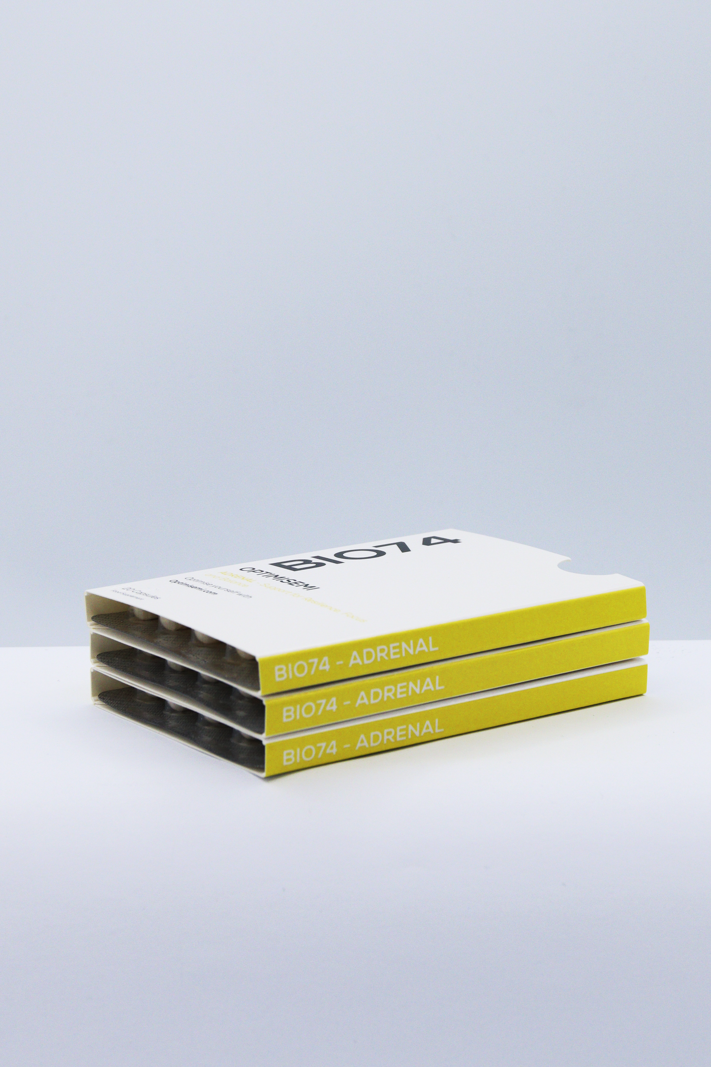  Image showcases BIO74 OPTIMISEMI supplements in sleek, white boxes with bold black and red text emphasizing circulatory health support.