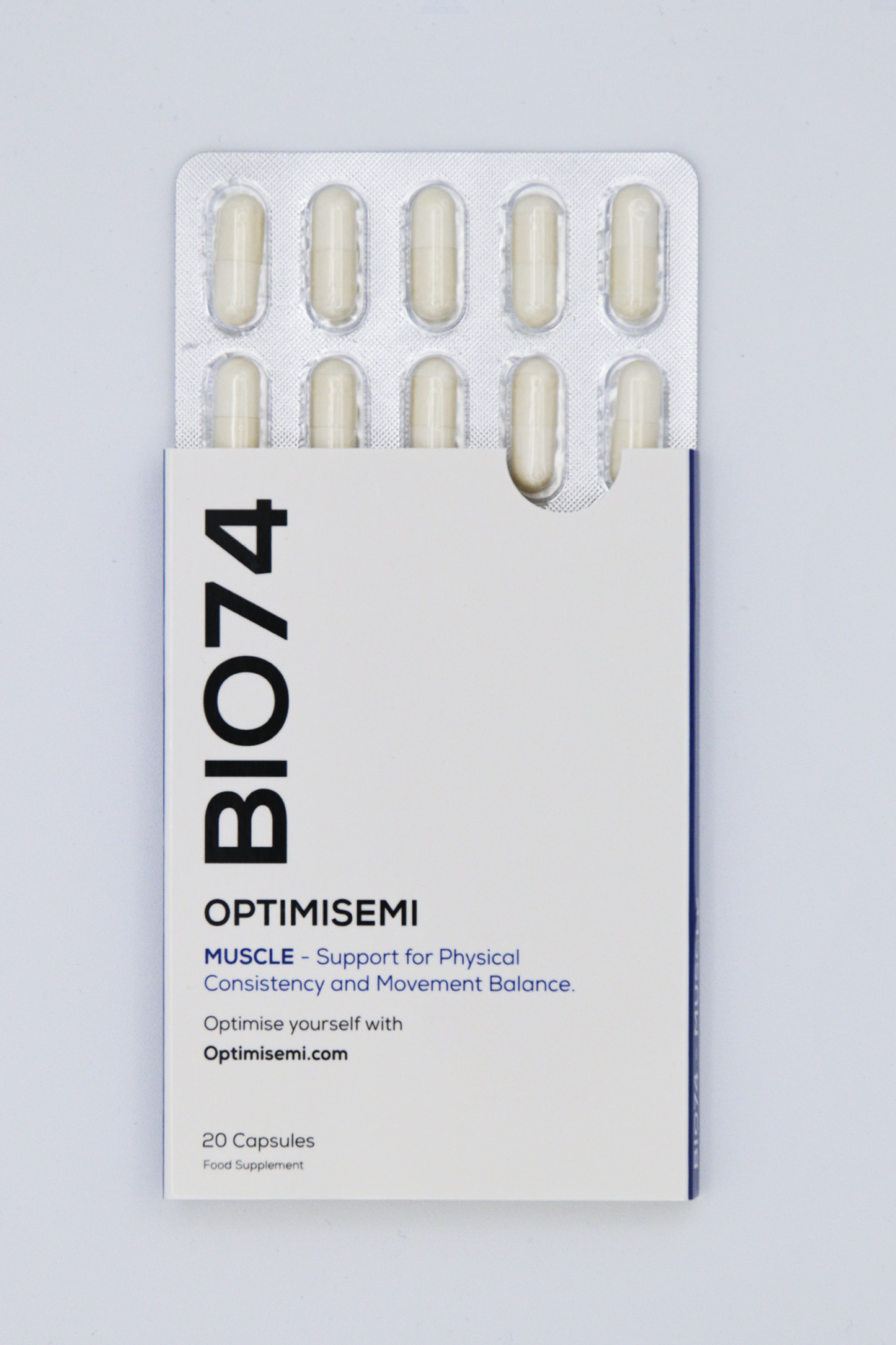 Iimage shows a minimalist BIO74 OPTIMISEMI supplement box partially revealing a blister pack of 20 capsules, designed to support muscle consistency and movement balance.