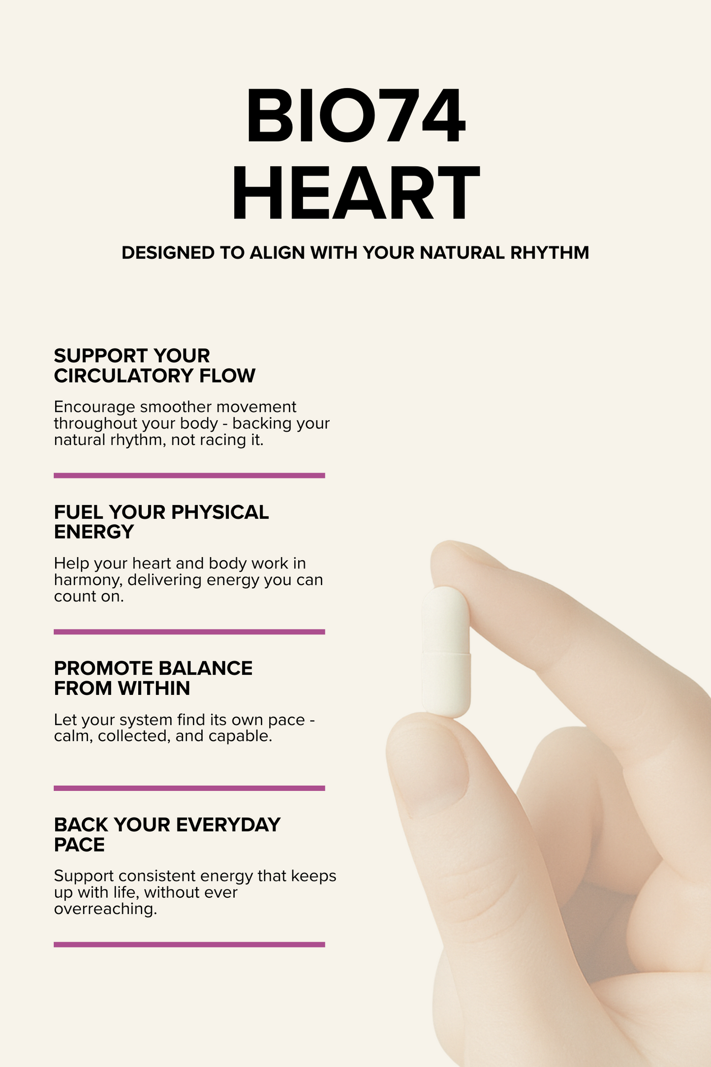 Informational graphic for Heart, a wellness supplement designed to support rhythm and circulatory wellbeing. With a hand holding a capsule on the right hand side of the image and left aligned benefit statements, each paired with a short description highlighting the supplement’s effects.
